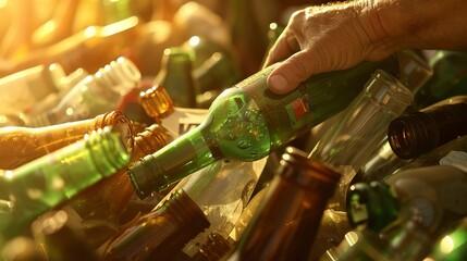 Wall Mural - Hand sorting glass bottles at recycling center, close view, soft focus background, warm light