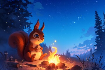 cartoon rabbit lighting a campfire at night