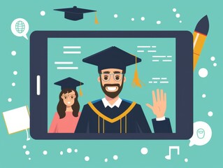 Wall Mural - Graduate waving to family on a tablet screen. 