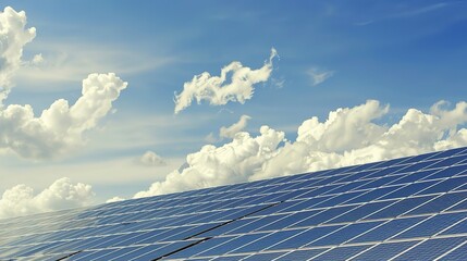 Solar panels on eco-friendly building, close-up, reflection of clouds, sharp focus, daytime