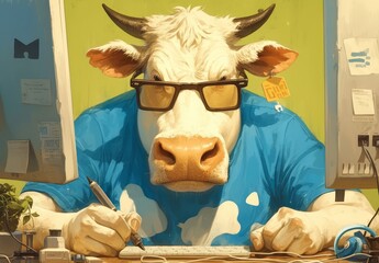 Wall Mural - cow working at the computer, wearing glasses and blue tshirt with white cow spots on it, sitting in front of monitor.