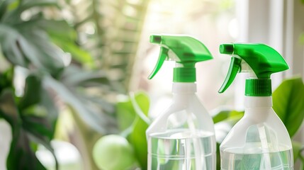 Wall Mural - Eco-friendly cleaning spray bottles, close-up, green labels, soft focus background, indoor light -