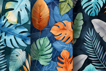 Wall Mural - Watercolor Leaf Patterns, Geometric leaf designs, Seamless pattern illustration 