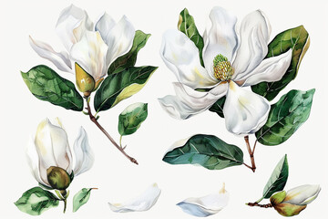 Wall Mural - Watercolor magnolia clipart with large white petals and green leaves 