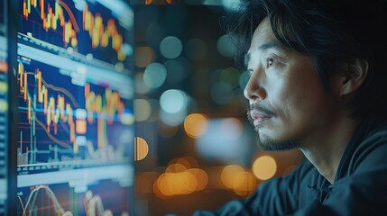 Poster - An Asian stock trader is looking at the computer monitor by the window with stock change curve on it. Generative AI.