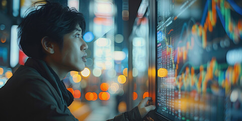 Poster - An Asian stock trader is looking at the computer monitor by the window with stock change curve on it. Generative AI.