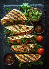 Wall Mural - Quesadillas and vegetables on a dark background. Chicken quesadillas with paprika and cheese. Traditional Mexican food. Latin American cuisine concept.