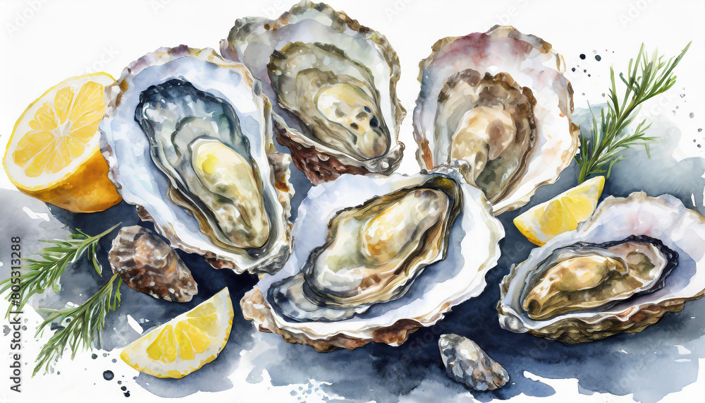Watercolor hand drawn illustration detailed oysters seafood and lemon ...