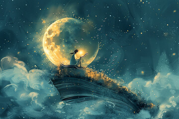 Wall Mural - Whimsical night scene for a childs book cover featuring a storytelling moon 