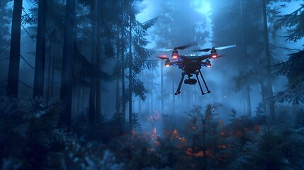  a security drone with a thermal imaging camera scanning a dense forest at night