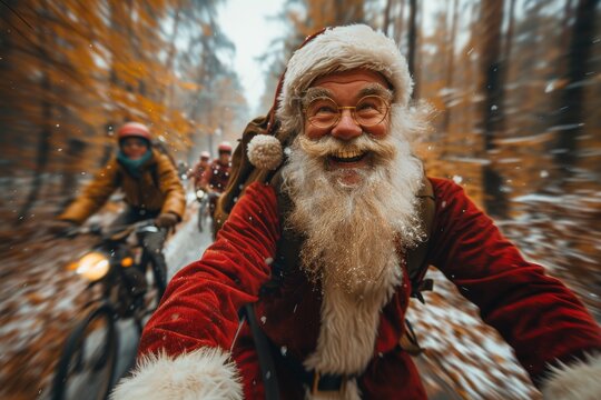 Energetic Santa Claus bikes with friends through a golden forest, showcasing joy and camaraderie