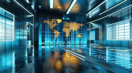 Leinwandbilder - Big news room, with display on the screen about gold chart, with white ambience, light blue ambience on the room, big screen LED, studio light. Generative AI.