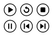 Play, replay, stop, pause, previous, and next track icon on circle line