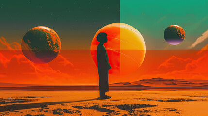 Wall Mural - Person with planets in desert
