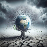 Fototapeta Do pokoju - Human hand holding earth. Leafless tree dry , cracked land  surface Global Warming nature disaster concept.