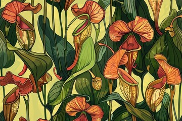 Wall Mural - Seamless pattern of pitcher plants with leaves and flowers on a yellow background, botanical illustration