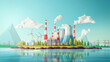 illustration of clean electric energy from renewable sources sun and wind. Power plant station buildings with solar panels and wind turbines on city skyline urban landscape background.Generative Ai.