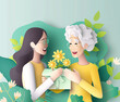 Happy mom and elderly grandma sharing gifts and hugging, paper cut out art style with flowers. Happy Mothers Day, Women's Day theme. Generative AI