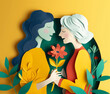 Happy mom and elderly grandma sharing gifts and hugging, paper cut out art style with flowers. Happy Mothers Day, Women's Day theme. Generative AI