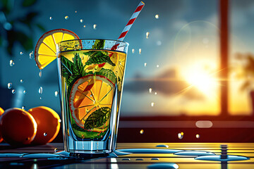 Refreshing summer cocktail with vibrant citrus slices. Ideal for beverage menus, food and drink magazine spreads, and promotional posters