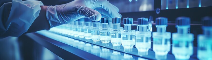 A person is working with a row of clear bottles. The bottles are lined up on a counter and the person is wearing gloves. Concept of precision and attention to detail