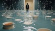 A person walking into a room filled with cups of water covering the floor