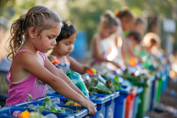 Children collecting plastic bottles for recycling in a garden. Natural light outdoor photography with copy space. Environmental awareness and education concept. Design for banner, poster, invitation