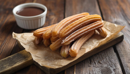 Wall Mural - Churros con chocolate, Spanish dessert over wooden table. Sweet food. Tasty treat. Culinary concept