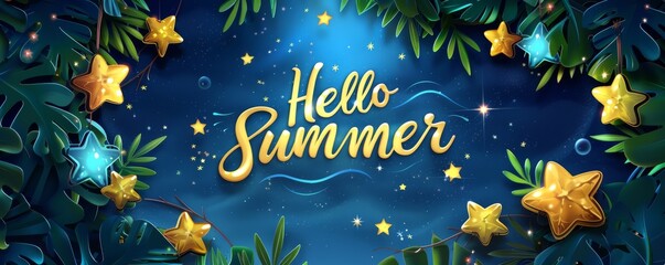 Abstract background with glowing lights in night. Hello Summer -  modern calligraphy lettering. Summer concept background.