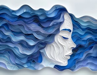 Wall Mural - 3 d illustration of a beautiful woman with blue eyes and white wavy lines