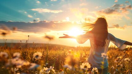 Wall Mural - Woman Celebrating Freedom in Sunny Wildflower Meadow at Sunset