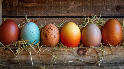 row of colorful eggs nestled in a straw-lined nesting box