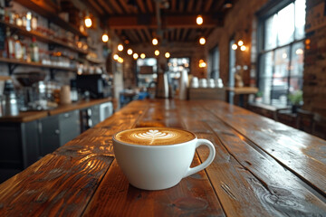 Cozy coffee shop atmosphere with a close-up on a cappuccino cup displaying beautiful latte art on a rustic wooden table