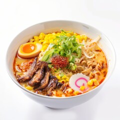 Wall Mural - A bowl filled with ramen noodles, tender meat, and fresh vegetables