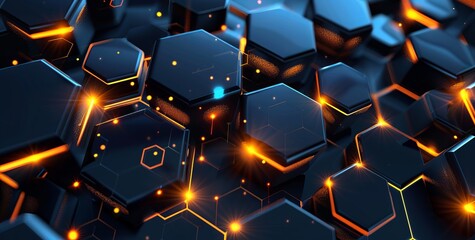 Wall Mural - Digital abstract background with blue hexagons illuminated by neon orange edges showing connectivity and futuristic design