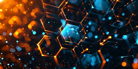 Wall Mural - A visually engaging digital image consisting of hexagonal shapes against a blurred blue and orange background