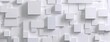 This is a 3D rendering of a white geometric pattern with various sized blocks protruding from a wall