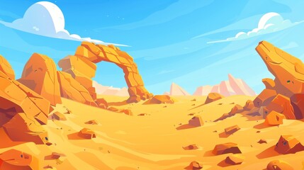 Wall Mural - Desert landscape with golden sand dunes and stones in the wild west. Dry deserted nature with cracked yellow sandy surfaces and arches. Cartoon modern illustration.