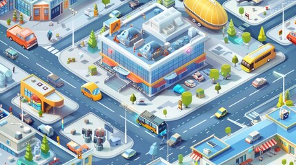 Isometric modern cityscape, city plan with IT park building and parking with electric car chargers. Modern illustration of a district map of the town with offices, vehicles on the street and a flying