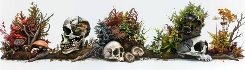 A row of skulls and plants with a white background