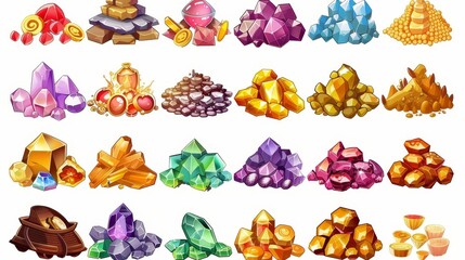 Wall Mural - Piles of shiny gems, jewel stones, and gold nuggets. Symbols of wealth, pirate treasure isolated on background, modern cartoon illustration.