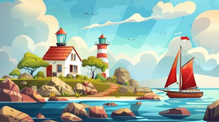 Wall Mural - In a calm seascape, a lighthouse stands on an island with a ship with red sail. Cartoon modern background with wooden boat.