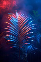 Wall Mural - tropical palm leaves with neon lights. summer and summer concept.
