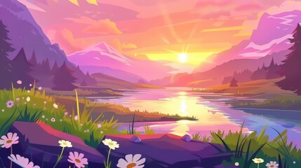 Wall Mural - The golden sunset over the forest lake with chamomile flower and green grass nature environment is set against beautiful pink and orange skies with a sun beam falling on the river shore reflected in
