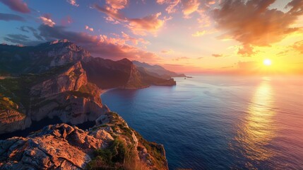 Canvas Print - A stunning view of a sun setting over the ocean with warm light hitting the cliff faces and calm sea