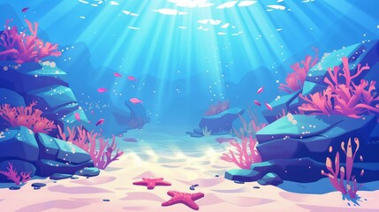 Wall Mural - Seabed with coral reefs and rocky stones, sunlight penetrating the water surface, blue sky horizon, deep ocean flora and starfish. Modern illustration of seabed with coral reefs and rocky stones.