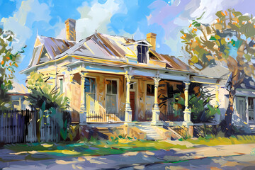 Wall Mural - Creole Style House (Oil Painting) - Originated in Louisiana in the 18th century, characterized by a raised foundation, steeply pitched roof, and a wide front porch that wraps around the house