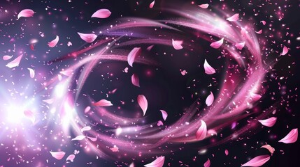 Wall Mural - An airborne wind vortex with radiant pink leaves. Illustration of a magical light effect created by sparkly particles, sakura petals, spring cherry blossom foliage floating in the air, romantic