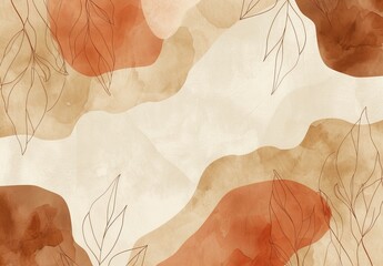 Wall Mural - A modern and elegant graphic design with wavy patterns and leaf outlines overlaid on a soothing earth-tone background