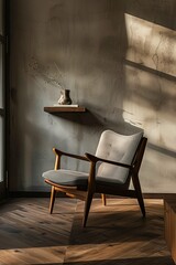 Poster - Warm sunlight illuminates a cozy corner featuring a modern wooden chair and vase on a floating shelf against a textured wall